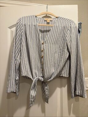 FREE in bundleMichael Kors White and Blue Vertical-Stripe Tie-Front Blouse small